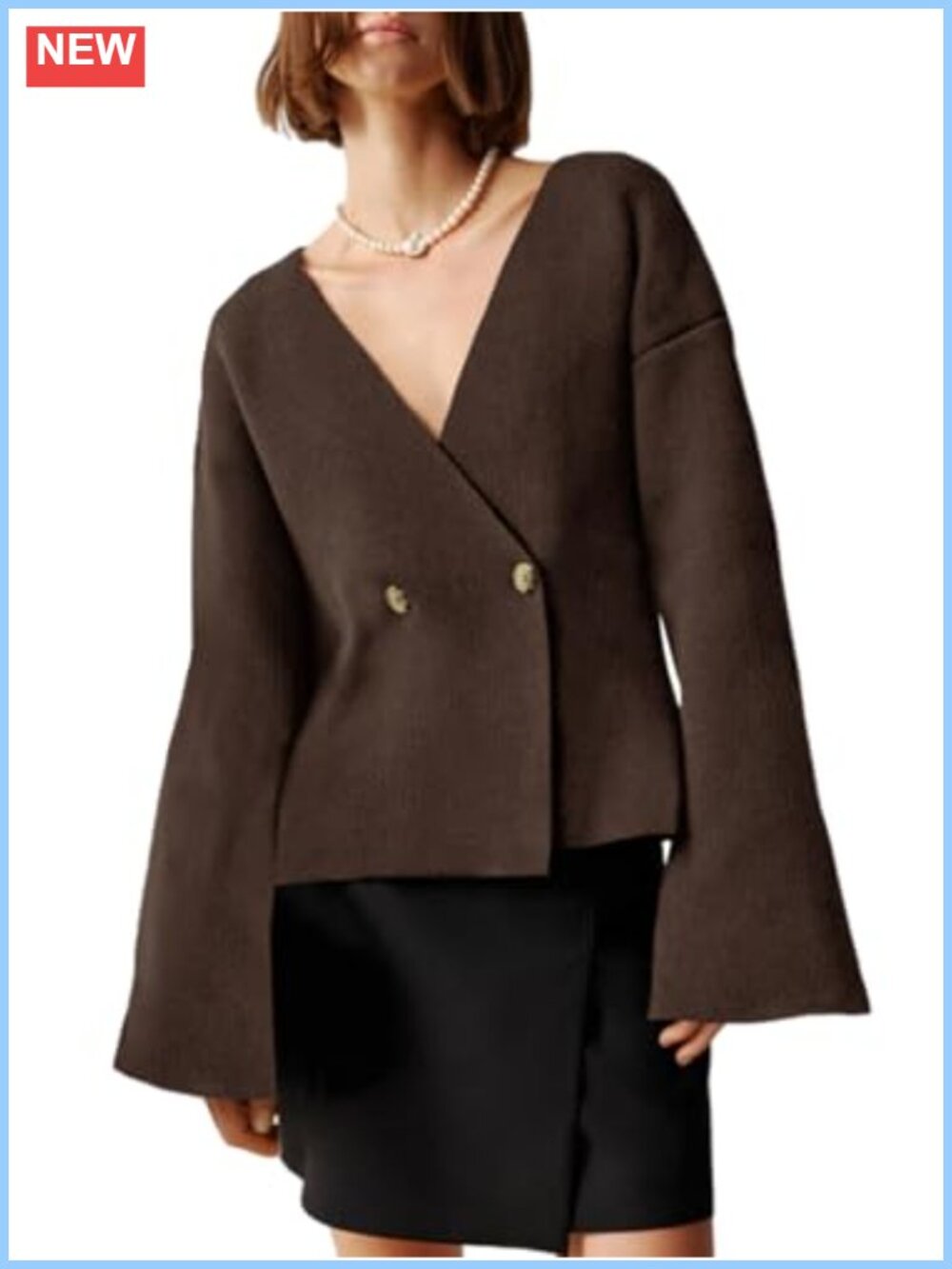 Oversized Double Breasted Cardigan Bell Sleeve V Neck Sweater Blazer